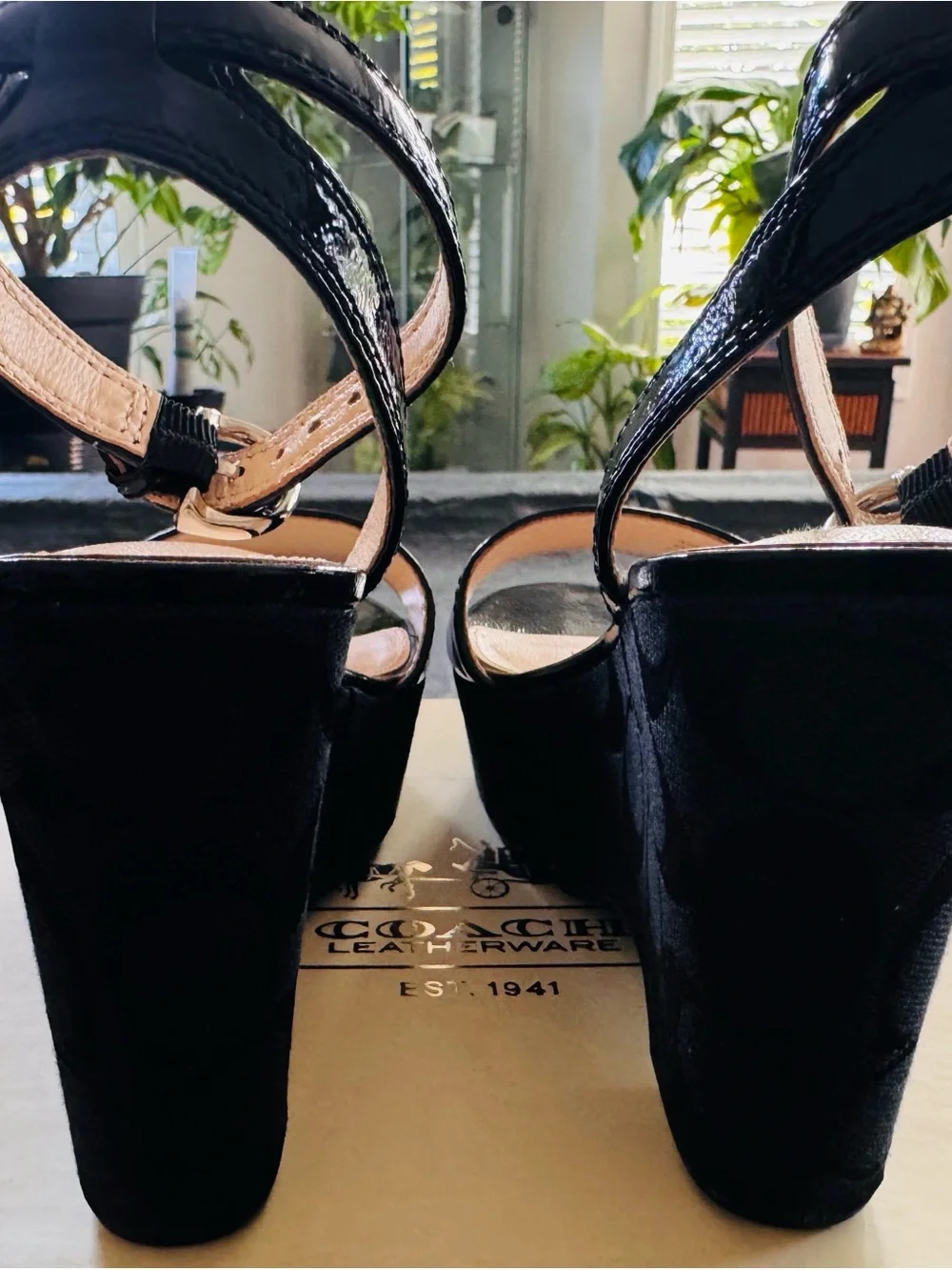 Coach Black Patent Leather Platform Wedge Sandals